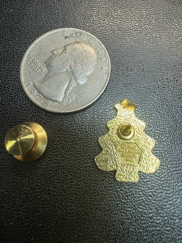 Vintage Enamel Christmas Tie Tack Tree Lapel Pin Signed Green Red Gold