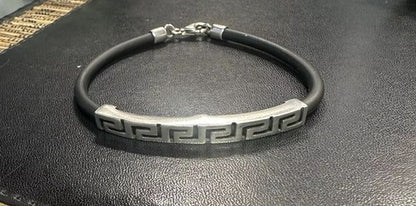 Sterling Silver & Black Rubber Cord Greek Key Bracelet
