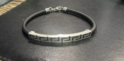 Sterling Silver & Black Rubber Cord Greek Key Bracelet