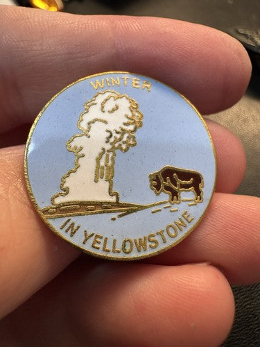 Vintage Winter In Yellowstone National Park Pin Souvenir Buffalo Old Faithful