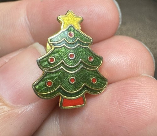 Vintage Enamel Christmas Tie Tack Tree Lapel Pin Signed Green Red Gold
