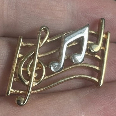 Vintage Music Them Treble Clef & Notes Brooch Pin Gold Tone Silver Mixed Metals