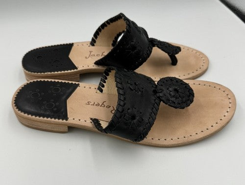 Jack Rogers Jacks Flats Leather Thong Slip On  Sandals Black Size 6.5 - $128
