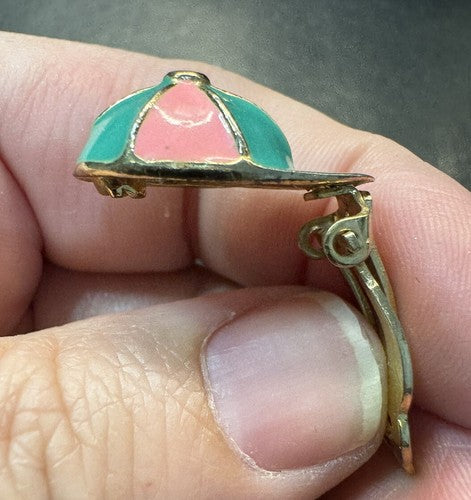 Vintage Gay Boyer Clip On Earrings Jockey Hat Horse Racing Enamel Pink Green
