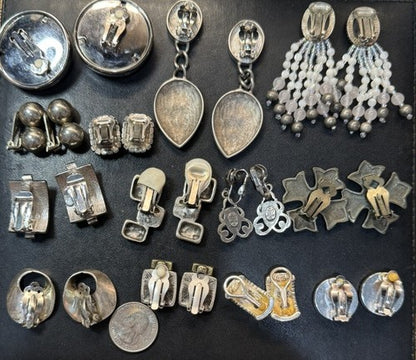 Lot of Vintage Clip On Earrings 13 Pairs Most Signed Pearl Silver Tone Glass