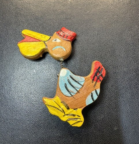 Vintage Pelican Hand Carved Painted Wood Pin Brooch Articulated