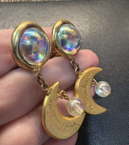 Rare Amy Jo New York Vintage MOONDUST Aurora Borealis Glass Dangle Earrings