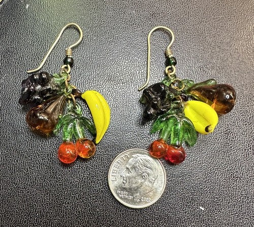VINTAGE GLASS FRUIT EARRINGS BANANA PEAR CHERRY GRAPES DANGLE! CARMEN MIRANDA