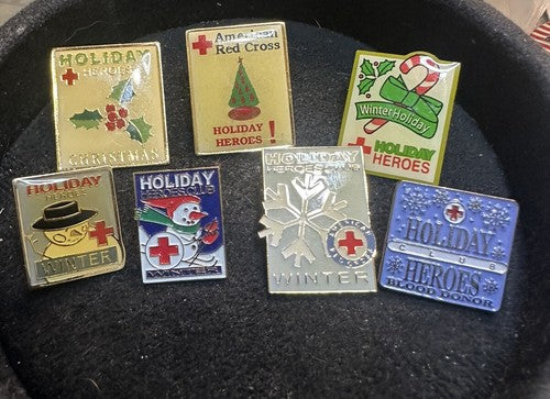 Lot of 7 Vtg American Red Cross Pins CHRISTMAS WINTER Holiday Heroes Lapel PIN