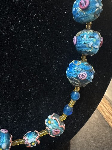 Antique Vintage Venetian Turquoise Blue Foil Glass Wedding Cake Bead Necklace