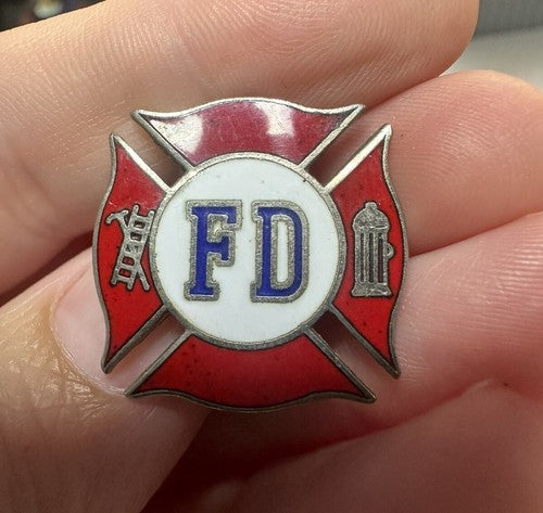 Vintage Fire Department FD Maltese Cross Enamel Lapel Pin Tie Tac/Tack