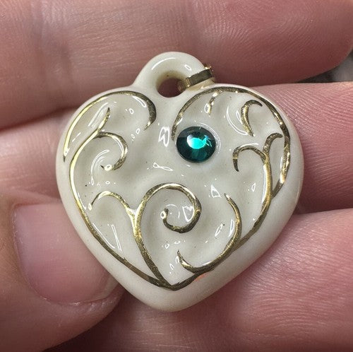 Vintage LENOX Ceramic Angel Wing HEART Shape Birth Stone Pendant May Emerald