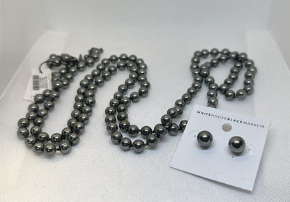 White House Silvery Black Market Black Pearl 56” Necklace & Earring Set NWT