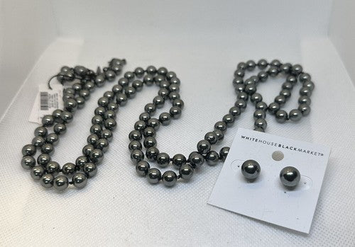 White House Silvery Black Market Black Pearl 56” Necklace & Earring Set NWT