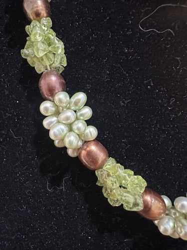 Fresh Water Pearl Necklace Peridot 925 Clasp Cluster Green Brown 60g