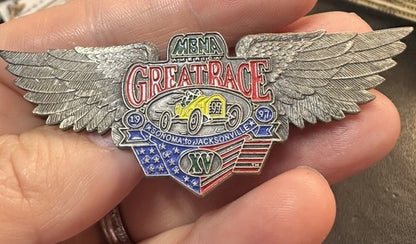 1997 THE GREAT AMERICAN RACE XV SONOMA TO JACKSONVILLE HAT PIN MBNA AMERICA