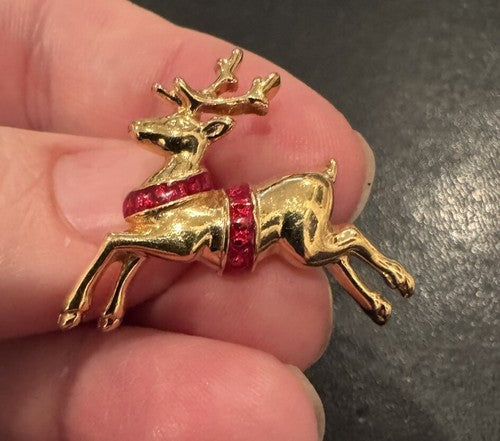 Vintage AVON Christmas Leaping Reindeer Pin -Gold Tone/Red  