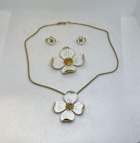 VTG Crown Trifari Dogwood Enameled Necklace Earrings Brooch Set Parure
