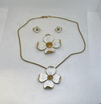 VTG Crown Trifari Dogwood Enameled Necklace Earrings Brooch Set Parure