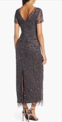 Pisarro Nights Beaded Mesh Cocktail Column Gown in Slate Size 16 NWT $268