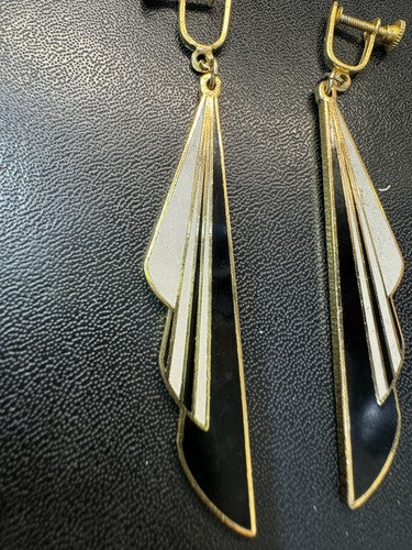 Vintage MEOW Earrings Cloisonne Enamel Dangle White Gold Black White Y2K Clip On