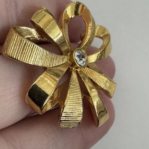 Vtg Avon Gold Tone Lapel Tie Tac Pin - Ribbon Sparkle Flower Bow Brooch