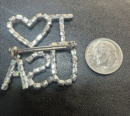 Patriotic I Heart Love USA America Flag Rhinestones Prong Set Silver Tone