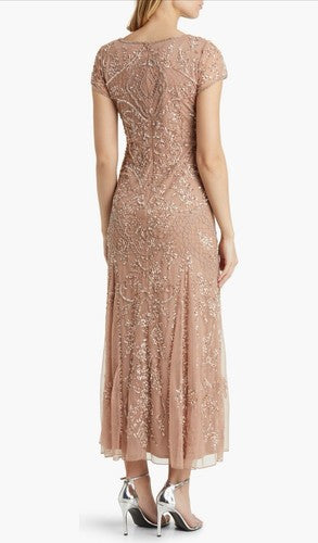 Pisarro Nights Beaded Mesh Midi Gown Beaded Sequin Beige Dress Size 10