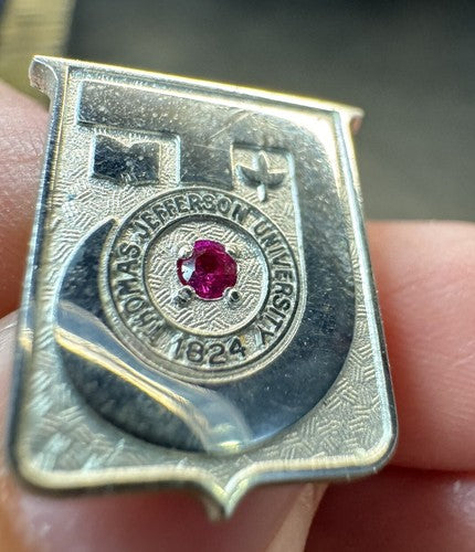 Vintage Pin, Thomas Jefferson University 1824 Silver Tone Red Stone