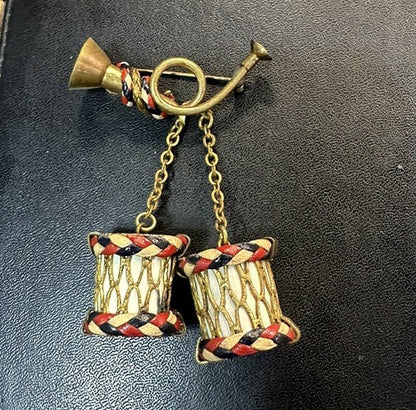 WWII Patriotic Red White Blue Braided Leather Drum Bugle Sweetheart Brooch