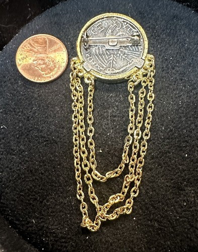Gold Tone Greek Coin Replica with Draping Chains - Caracalla - Pin Brooch