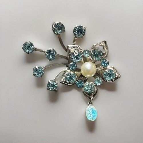 Vtg 1950s Miraculous Mary Medal Silver Rhinestone Blue Crystal Flower Brooch Pin