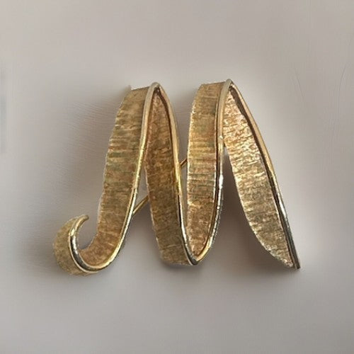 CROWN TRIFARI M/W Initial Pin Brooch, 1960s Textured Gold Tone, Vtg. Signed