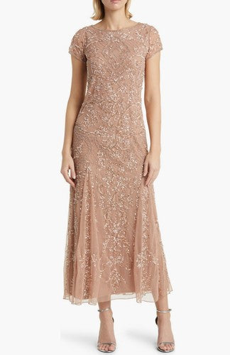 Pisarro Nights Beaded Mesh Midi Gown Beaded Sequin Beige Dress Size 10