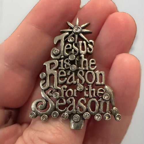 Jesus Is The Reason For The Season Vtg Brooch Pin Rhinestones Pewter Tree Shape