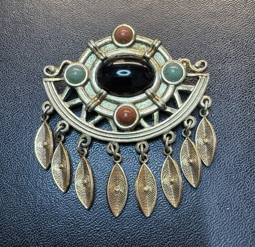 Vintage 1928 Gold tone Precious stone Cabochon  dangling pin brooch