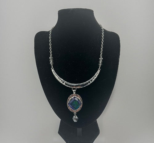 Chico's Silver Iridescent Multi Color Pendant Necklace 23”
