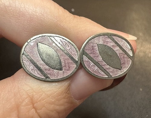 NICE VINTAGE ART DECO STYLE OVAL GUILLOCHE ENAMEL SILVER TONE CUFFLINKS