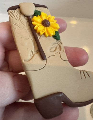 Handmade Clay Cowboy Boot CHRISTMAS ORNAMENT SUNFLOWER STATE Kansas SIGNED
