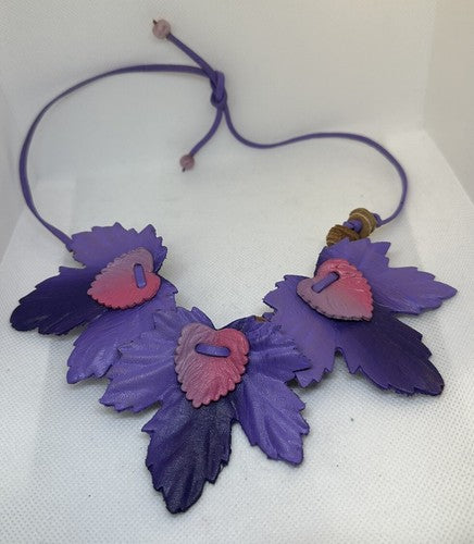 Vintage Artisan Purple and Pink Leaves Leather Adjustable Necklace 31”