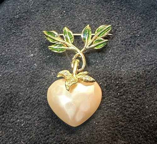 Vintage Brooch JOAN RIVERS 1990s Faux Pearl Heart & Leaves Goldtone Jewellery