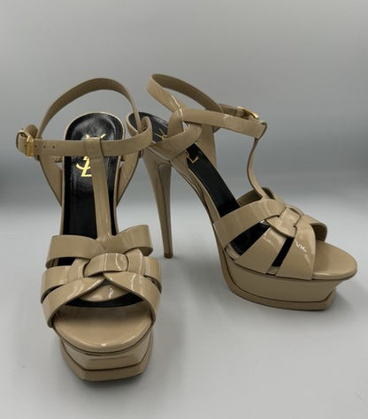 YSL SAINT LAURENT Tribute Patent Leather Platform Heels 37.5 7 Nude Strappy