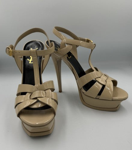 YSL SAINT LAURENT Tribute Patent Leather Platform Heels 37.5 7 Nude Strappy