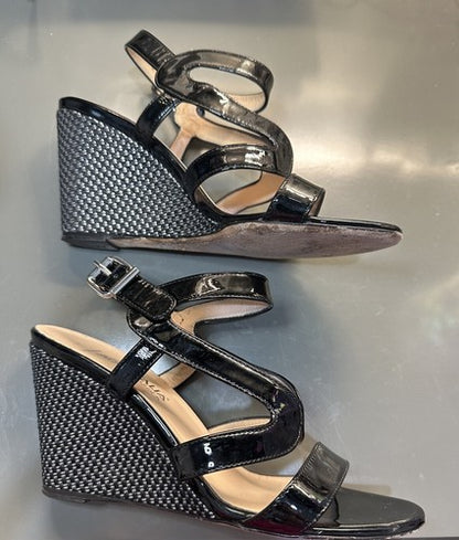 Aquatalia Patent Leather Surprise Wedge Upscale Espadrille Sandals Black, Size 7