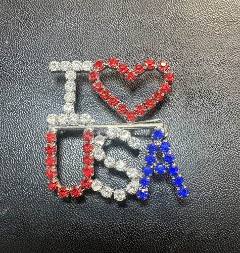 Patriotic I Heart Love USA America Flag Rhinestones Prong Set Silver Tone