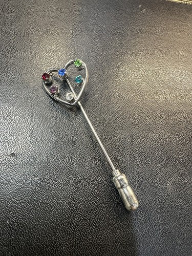 Vintage Sterling Silver 925 Anson Open Heart Stick Pin Multi Color Stones Brooch