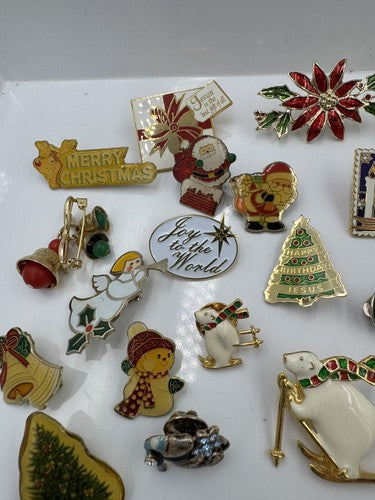 Christmas Lapel Flat Brooch Pin Lot Vintage to Modern 55 pcs Some Signed
