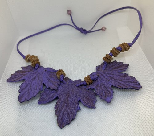 Vintage Artisan Purple and Pink Leaves Leather Adjustable Necklace 31”