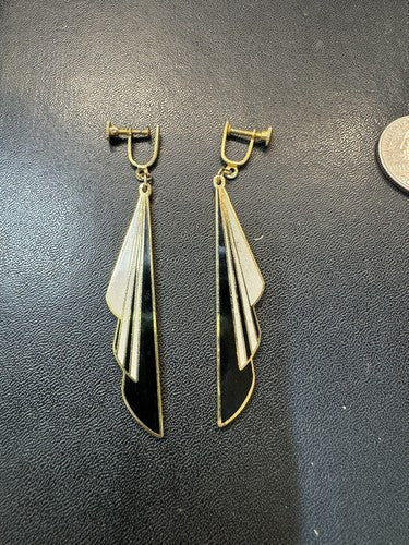 Vintage MEOW Earrings Cloisonne Enamel Dangle White Gold Black White Y2K Clip On