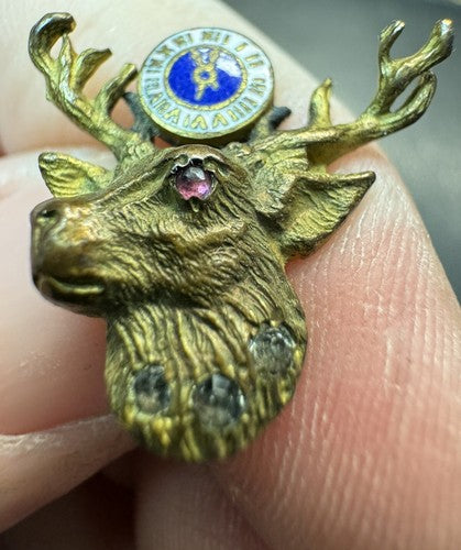 Antique Elks 3 Stone Screw Back Pin B.P.O.E. Elk Club